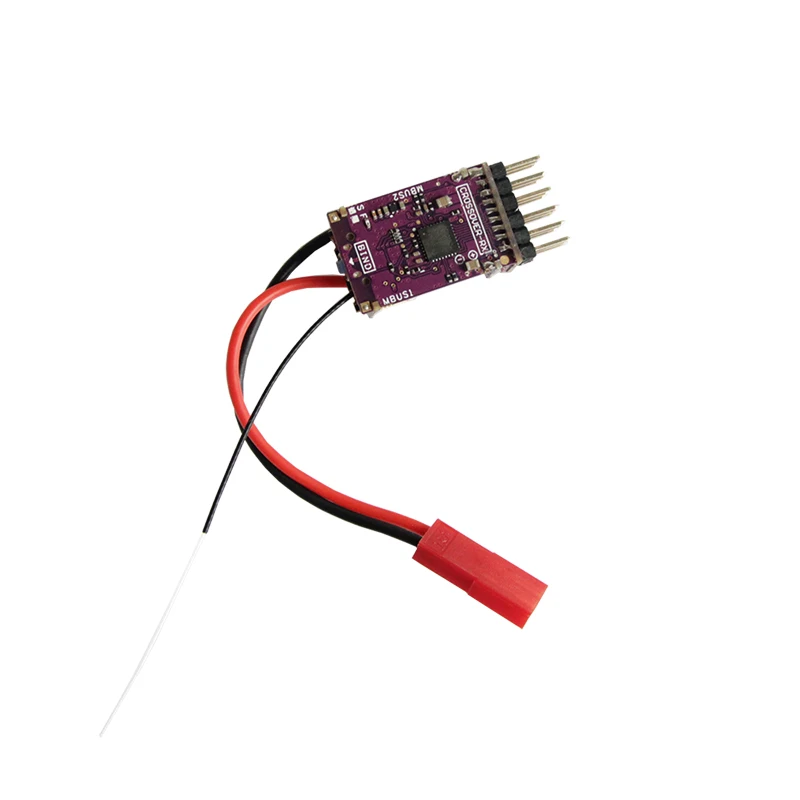 Détail du récepteur RC 4-en-1 Multiprotocole 2.4G pour drone, mettant en évidence le logo et les spécifications techniques sur le boîtier