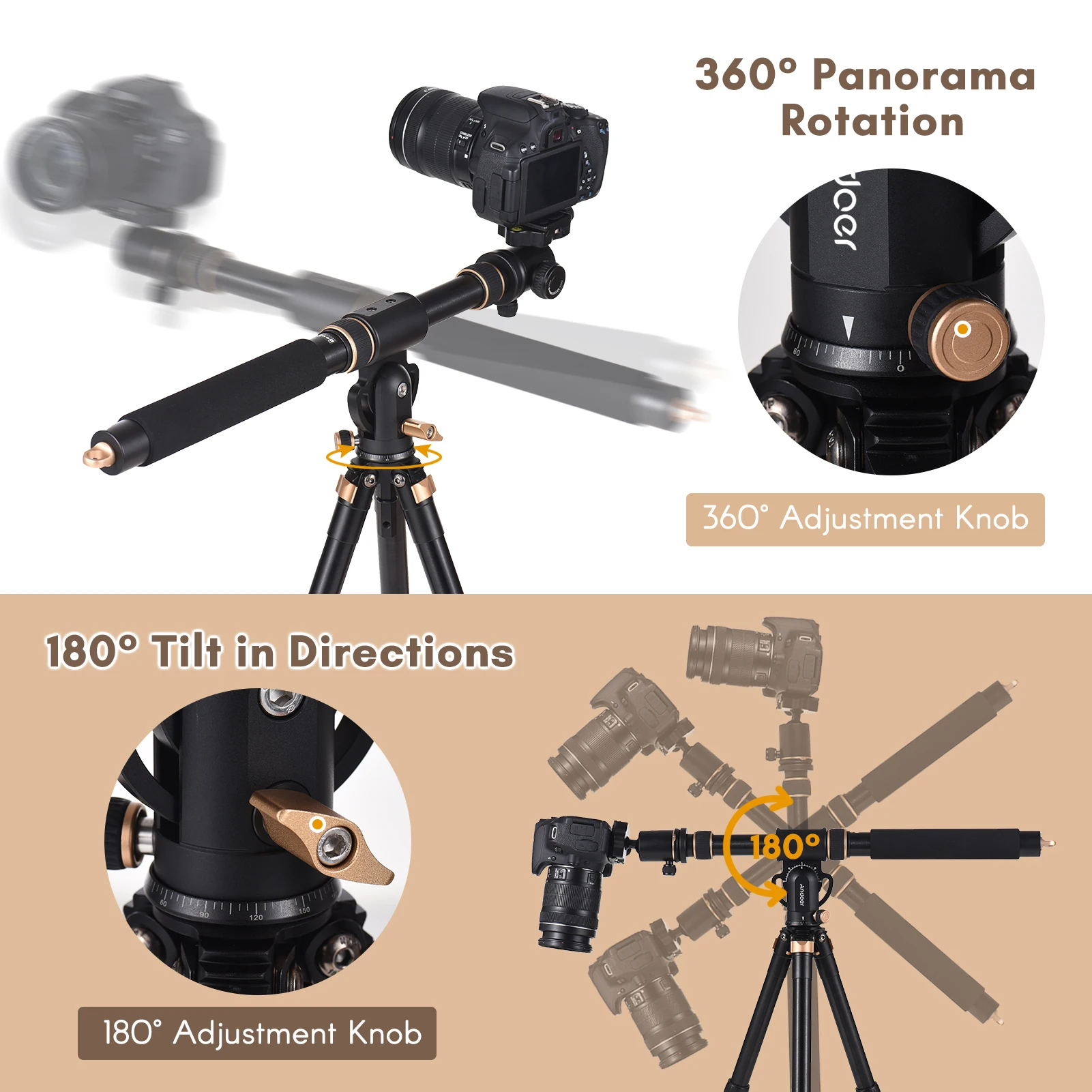 Andoer Universal Tripod Extension Arm Aluminum Alloy Detachable Extender Horizontal 360&deg; Rotatable Base 5kg Load Capacity