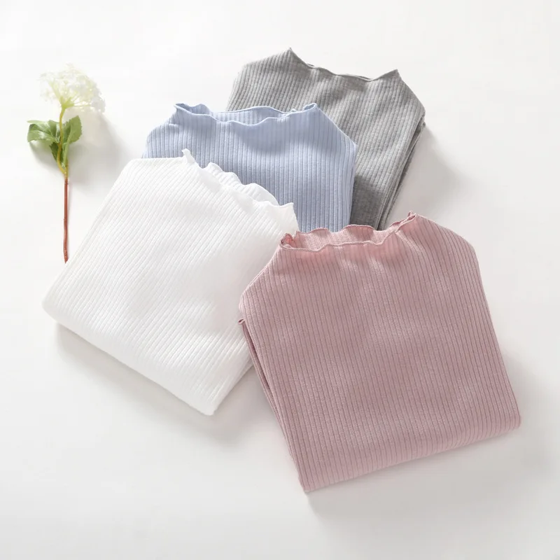 Autumn Girl Baby Floral Dot Long Sleeves Bottoming Shirt Children Ribbed Ruffle Thin T-shirt Kid Cotton Solid Thin Casual Tees 3