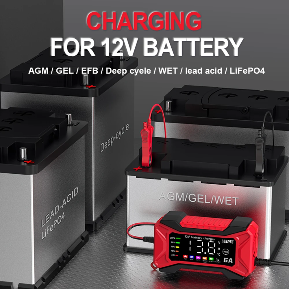 Enhanced Digital LCD Car Battery Charger 12V 6A with Intelligent Pulse Repair and Temperature Detection