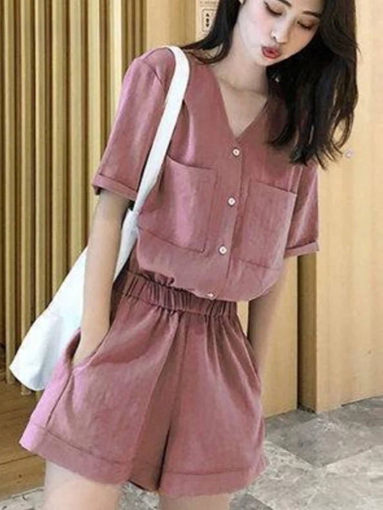 2023 Women's Summer Suit Short Sets Korean Fashion Casual Women's V-Neck Shorts and Tops Elegant Suits for Women 2 Pieces