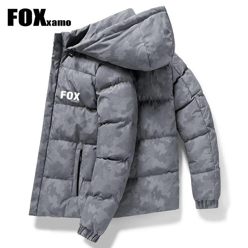 Foxxamo 겨울 남성 사이클링 재킷, 바람막이 짧은 다운 파카, 위장 퍼퍼 코트, 야외 남성 후드 바람막이