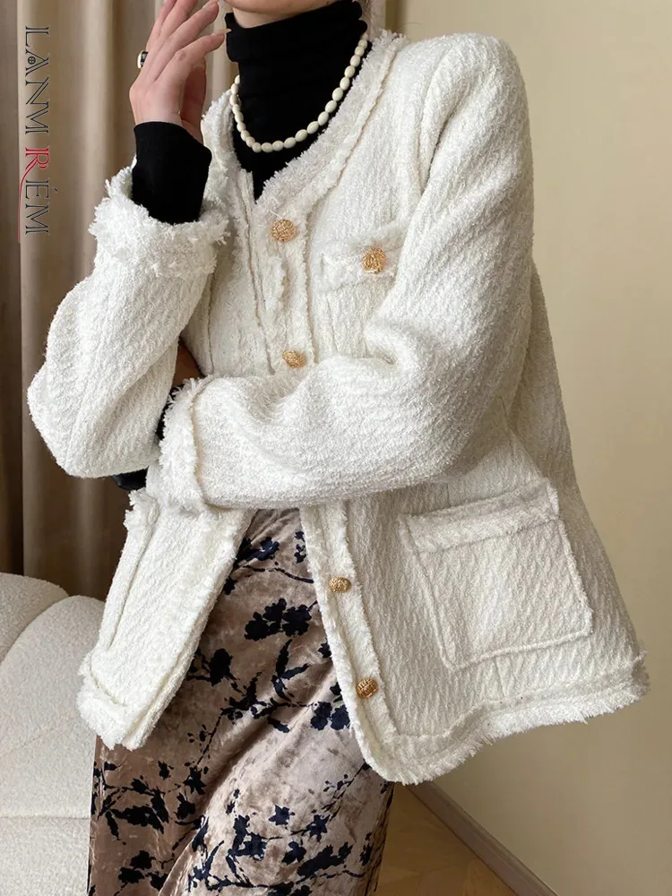 

[LANMREM] Tassel Design Tweed Coats For Women Round Neck Single Breasted Elegant Female Jackets 20224 Spring New 26D7300