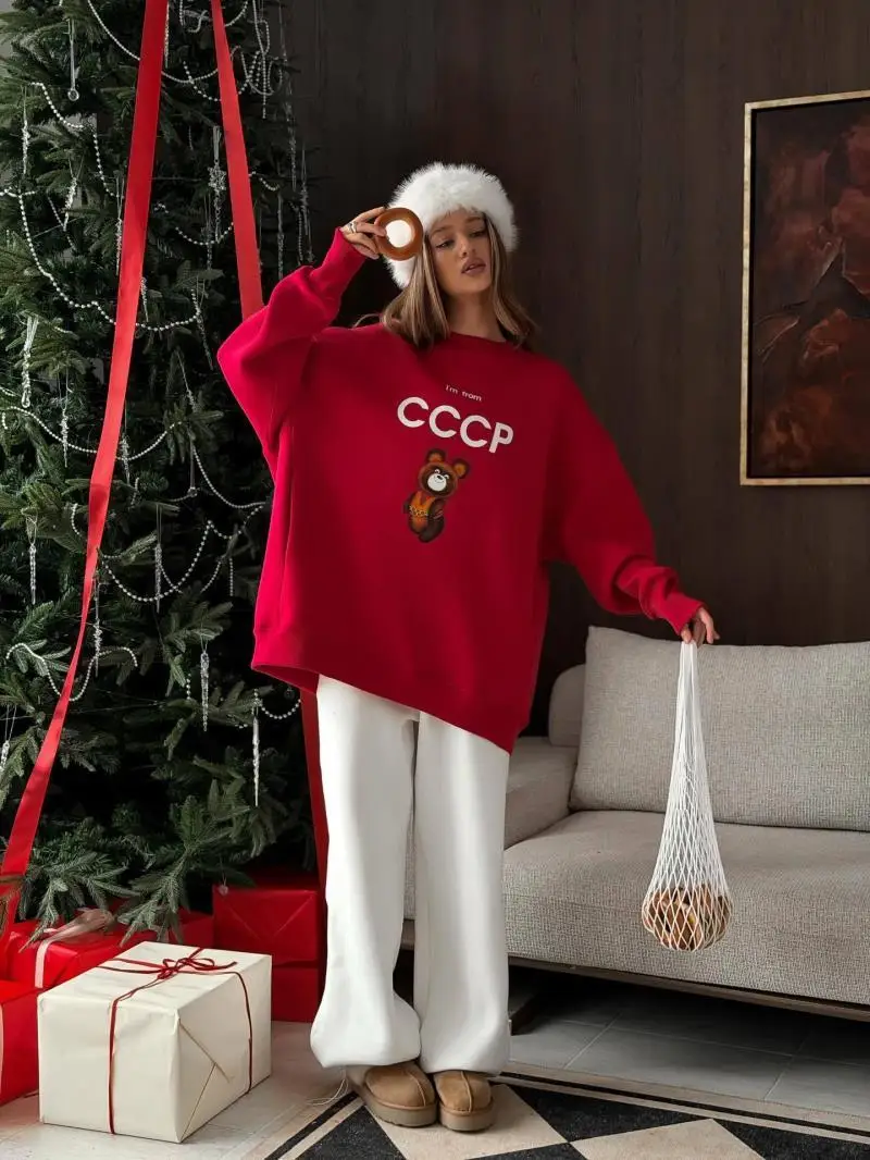 Chic Women's Printed New Year Sweatshirt Loose O-neck Full Sleeve Pullover Female 2026 Spring Lady Commute All-match Pullovers