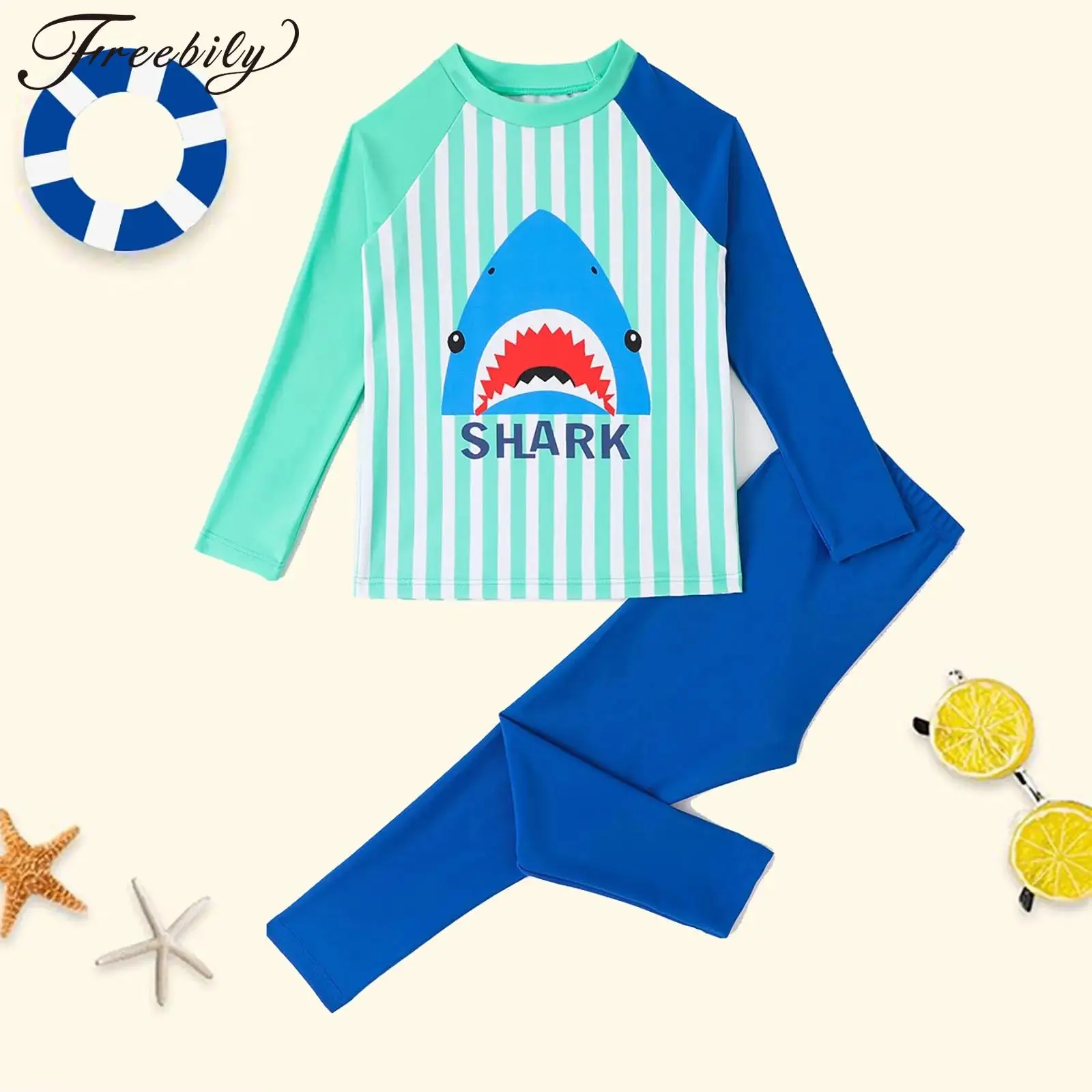 

Kids Boys Shark Print Swimsuit UPF 50+ Sun Protection Rash Guard Long Sleeve Shirt Top with Pants Swimwear for Beach Pool Party