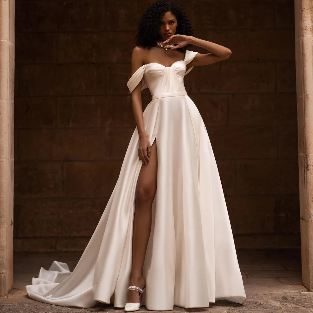 

SONDR Off Shoulder Elegant Custom Made Wedding Dresses Sleeveless Satin A-Line Ivory Elegant Brides Gowns Women Bridal Dresses