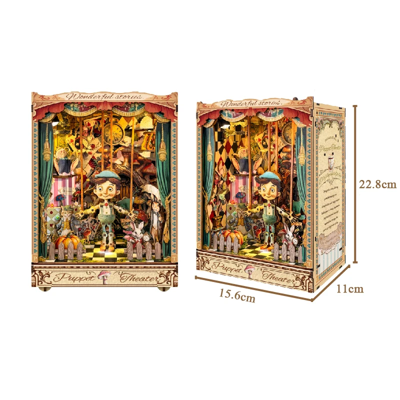 DIY Wooden Puppet Theater Book Nook Shelf Insert Miniature Model Kits Bookshelf with Light Bookend for Friends Birthday Gifts 6