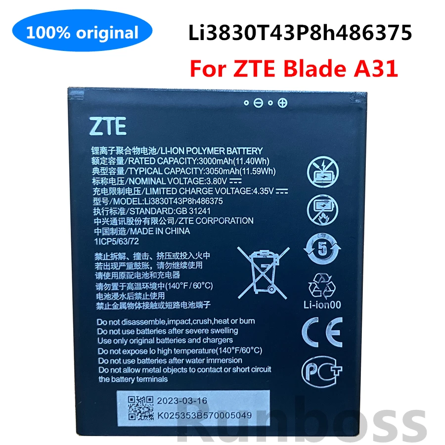 

Оригинальный новый высококачественный аккумулятор Li3830T43P8h486375 3050 мАч для смартфона ZTE Blade A31