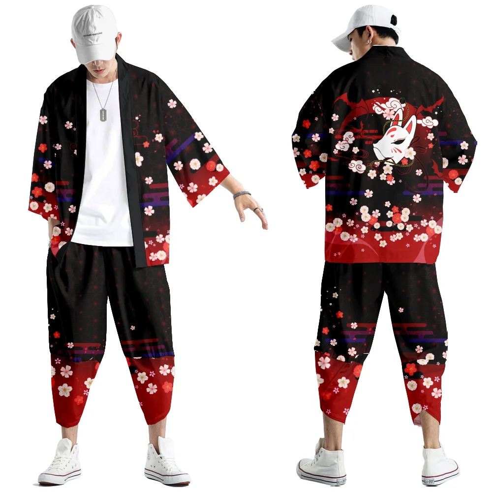 

Two-piece Suit Oversize S-6XL Loose Japanese Cardigan Women Men Cosplay Yukata Clothing Harajuku Samurai Kimono + Pants Sets