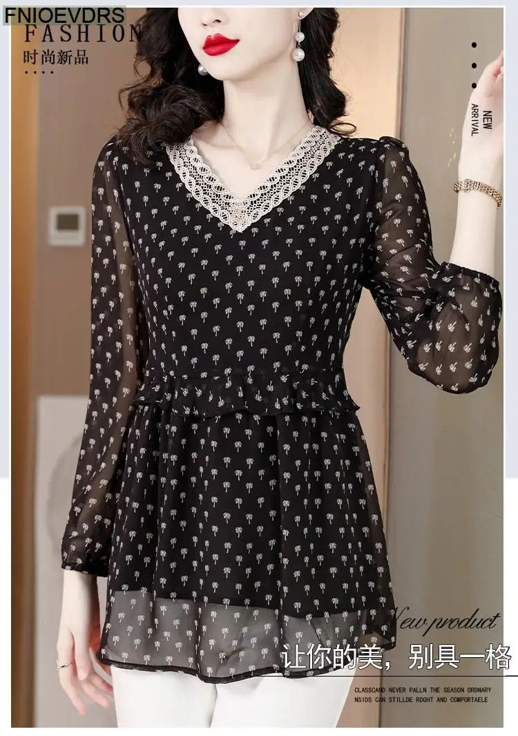 M-5XL 2023 Women European Style Office Lady Long Shirt Patchwork Lace Floral Print Ruffle Belly Black Tunic Peplum Top Blouse