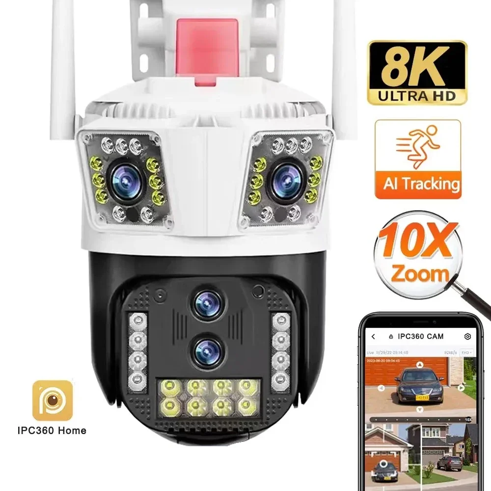 IPC360 HOME 8K 16MP Wifi PTZ Camera 10X Zoom 4 Lens 3 Screens Auto Tracking Two Way Audio Color Night Vision Security Camera