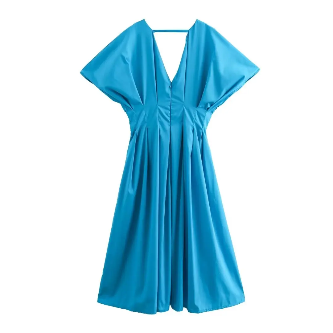 thumbnail image 1 of HH TRAF Vestido de verano elegante con escote en V y cintura con pliegues y decoración para mujer, manga corta, cremallera, gran vuelo, liso, ropa de calle para mujer, 1 of 5