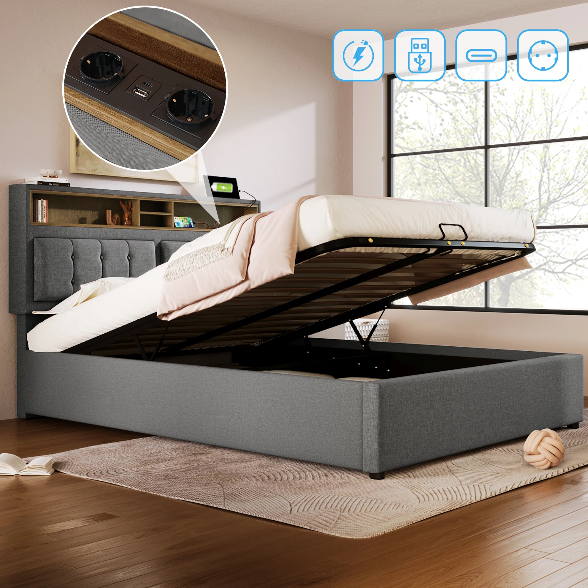 Upholstery bed 160x200cm double bed with USB C socket charging function headboard storage bed with pattes, linen, without mattress