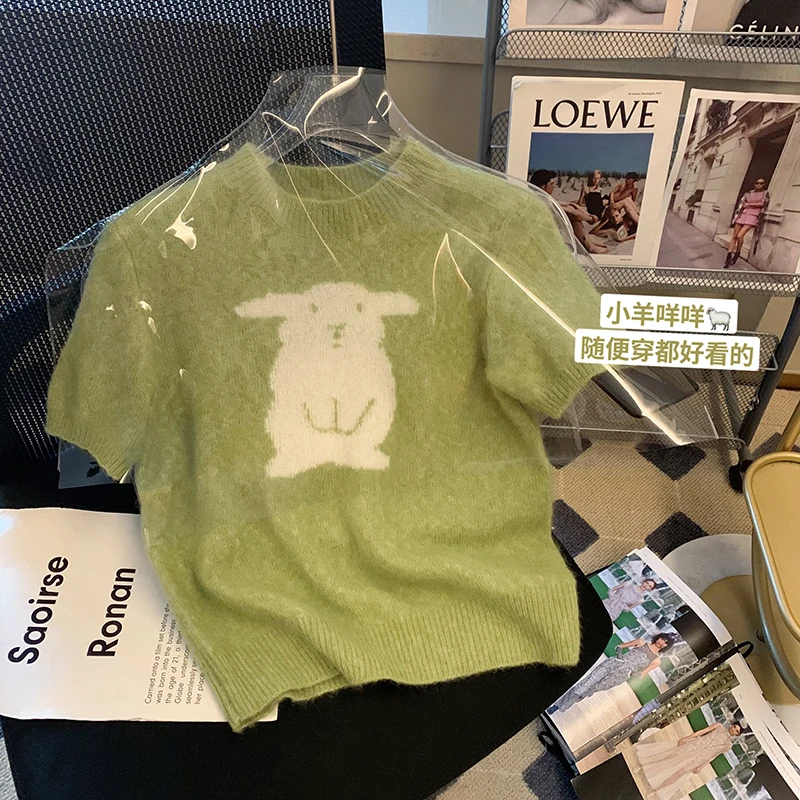 

Green Rabbit Jacquard Knitted Short Sleeve Sweater Women Knitted T-Shirts Pullove 2023 Spring Summer O-Neck Cropped Tops Jumper