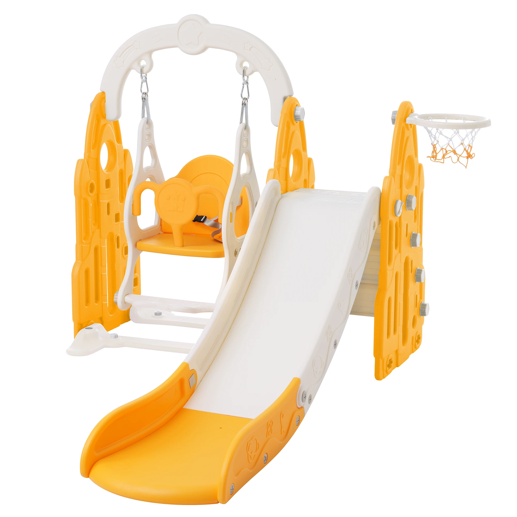 

4 in 1,Kids Playground Climber Slide Playset with Basketball Hoop,Rocket Themed Slide