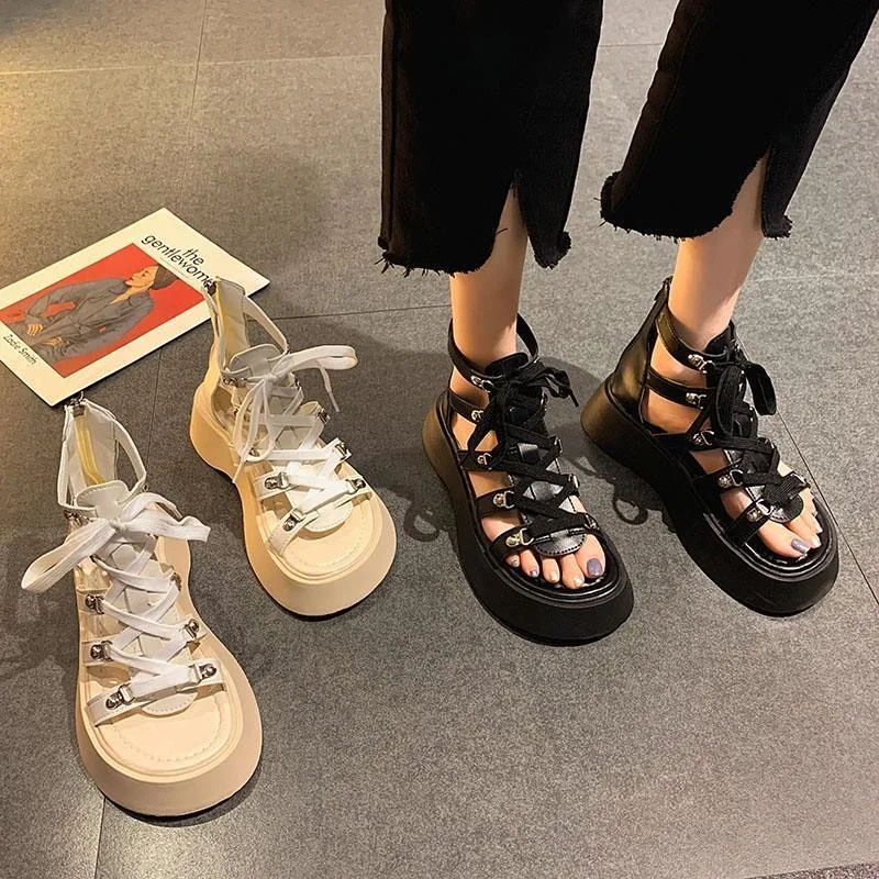 New Summer Black Fashion Street Women Zipper Sandals Roman Style Sandals Women Open Toe Women'S Chunky Shoes Sandals Women