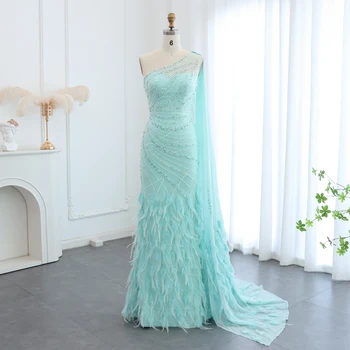 Luxury Feather Turquoise Aqua One Shoulder Mermaid Evening Dress with Cape Train Long Prom Wedding Party Gowns 498 2