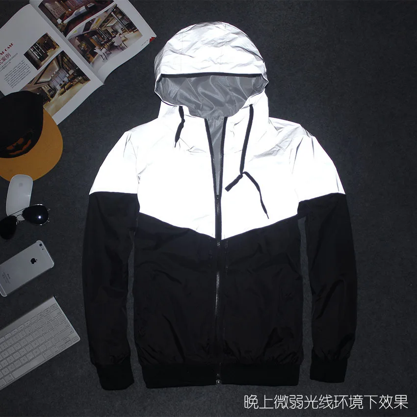 New Men Leopard zebra reflective Night shining Hooded Windbreaker Jacket hip hop Streetwear harajuku Men waterproof Hoodie Coats