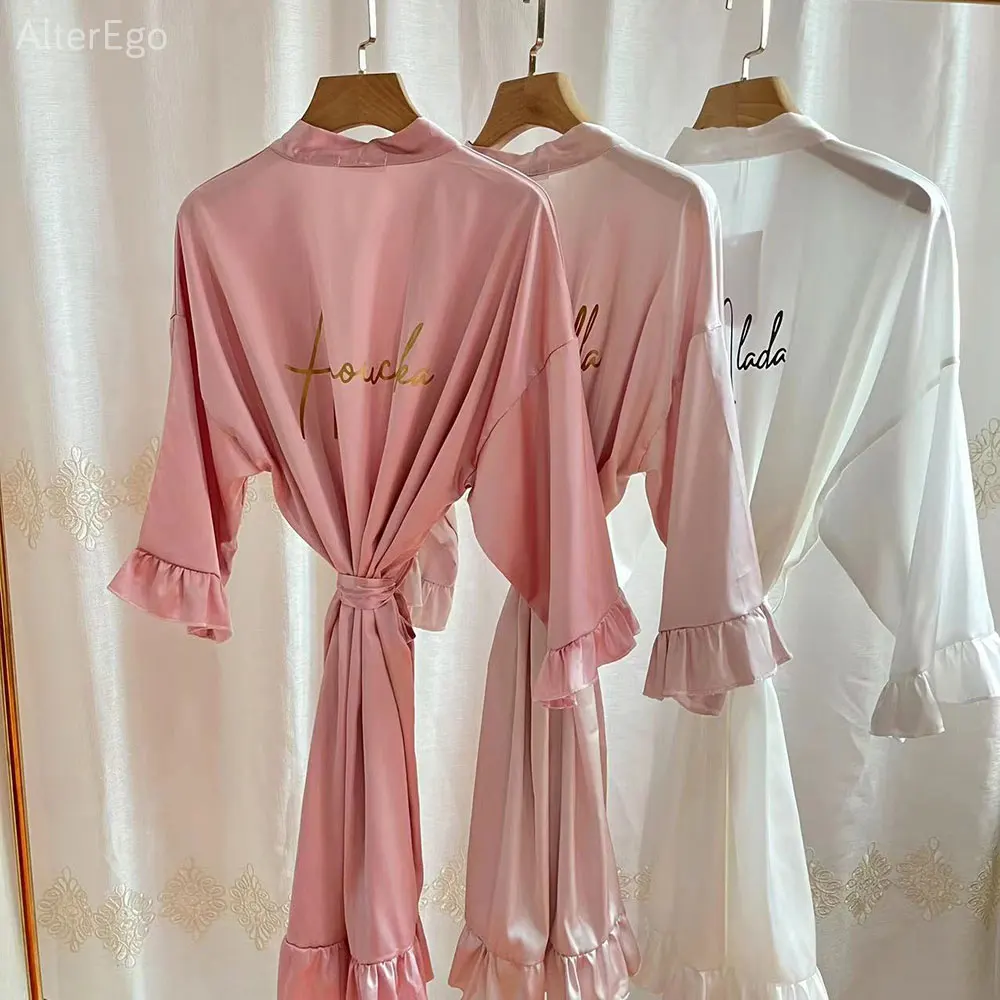 Bride Robes Personalized Bridesmaid Robes Ruffled Bridal Shower Dressing Gown Wedding Day Robe Custom Ruffle Kimonos