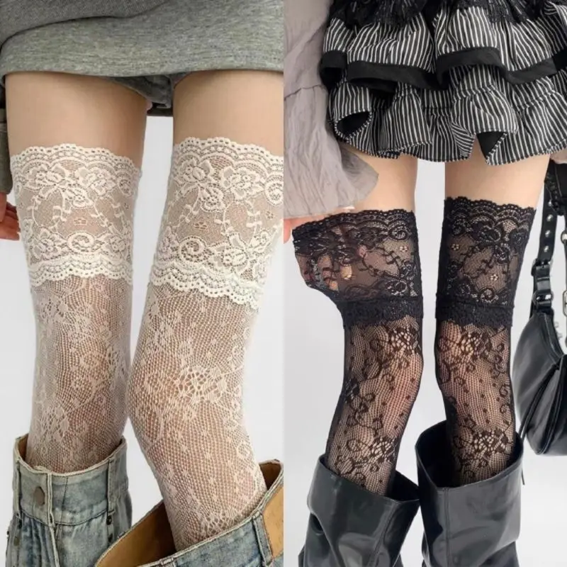 Summer Solid Color Sexy Lace High Stockings Women White Trim Frilly Edging Over Knee Long Socks Girls Sweet Lolita JK Stocking