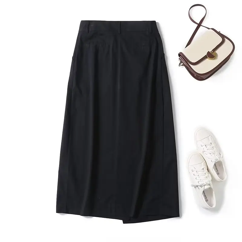 Withered Autumn French Fashion Women's Simple Black High Waist Midi Half Skirt Asymmetric Pleated Half Skirt Women
