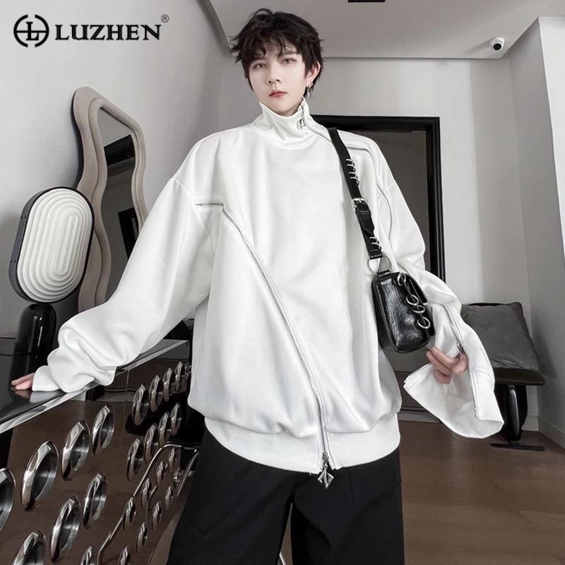 

LUZHEN Stand Collar Loose Pullover Trendy Men's Autumn New Solid Color Stylish Asymmetric Zipper Split Design Sweatshirts 2ab997
