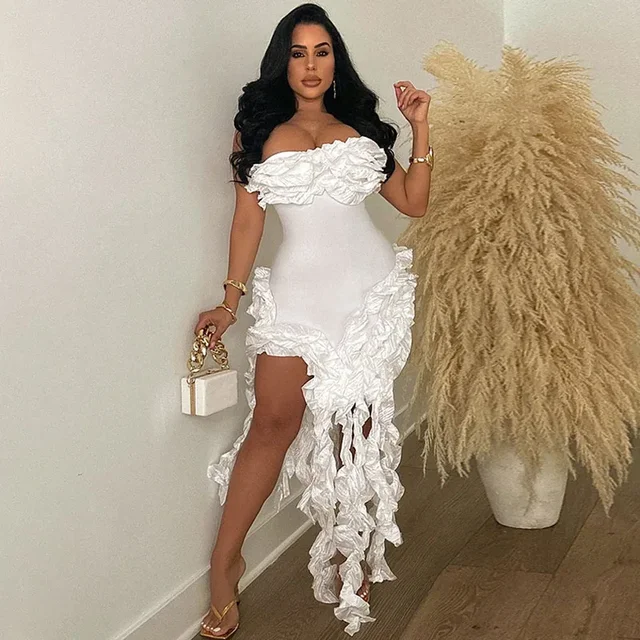 Robe d'anniversaire élégante à volants et franges pour femmes, tenue de soirée longue de célébrité, irrégulière, sans bretelles, sans manches, 2024