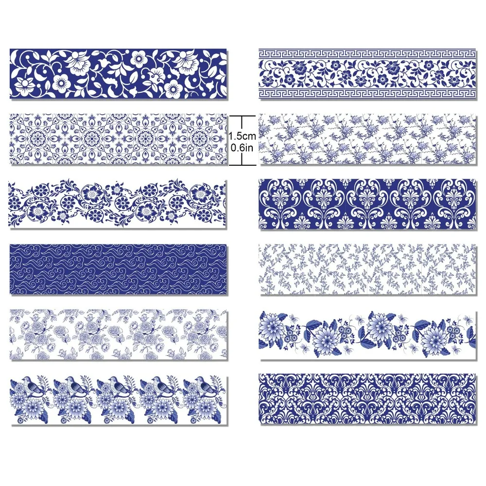 12 Roll/Set 1.5cm Wide Washi Tape Chinoiserie Design Adhesive Masking Tape Blue and White Porcelain Decor Stickers
