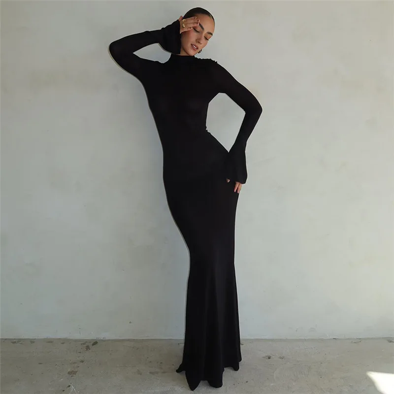 Autumn Winter Backless Sexy Party Club Black Bodycon Maxi Dresses Outfits for Women Long Sleeve Y2K Dress Vestido Streetwear New 2