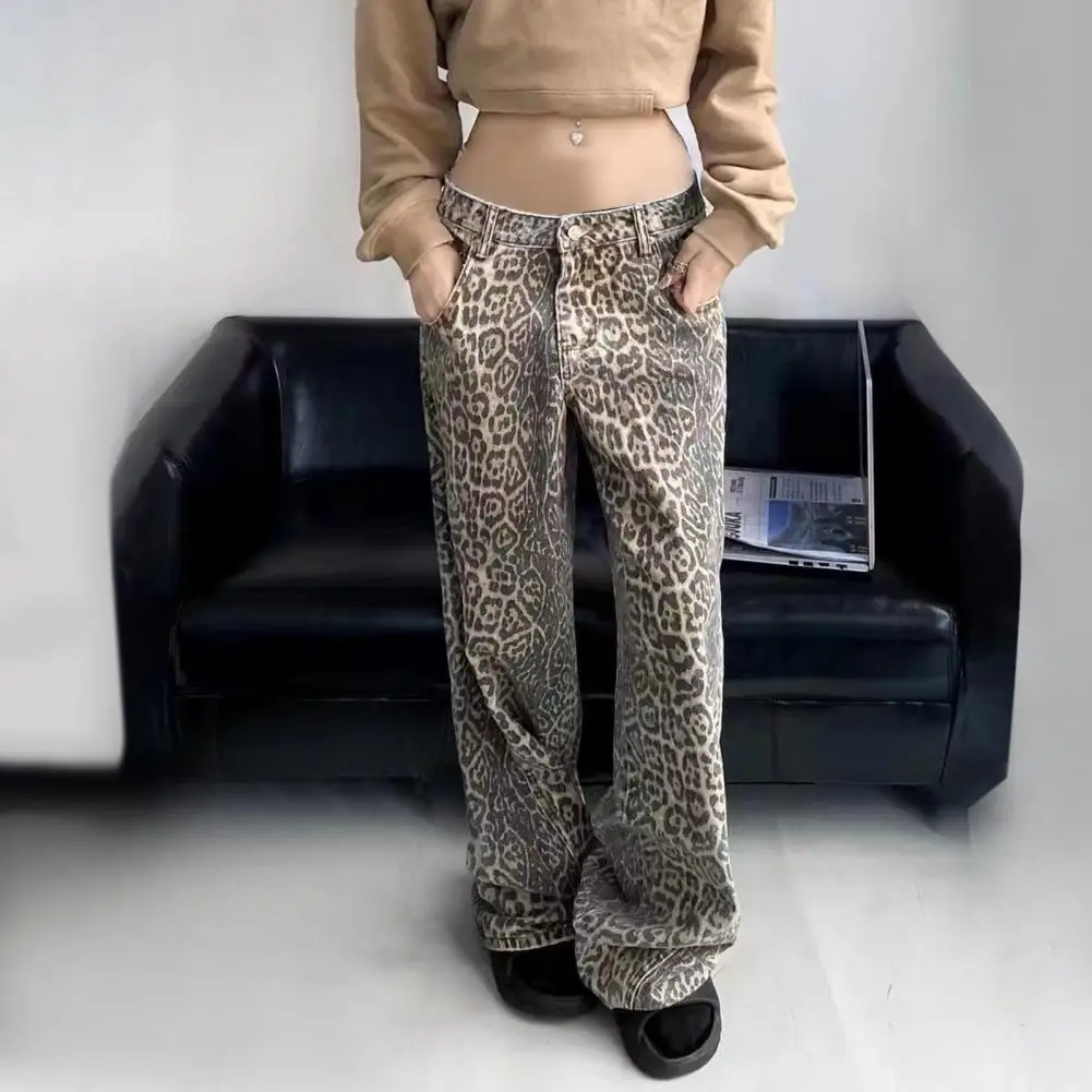 레오파드 무늬 레오파드 무늬 와이드 레그 청바지, 레트로 스트리트웨어, 데님 바지, 호프 포켓, 지퍼 클로저