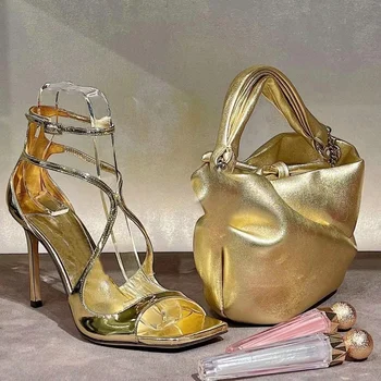 2025 Summer Women New Fish Mouth Gold Thin Heels Open Toe Sexy High Heels A Line Buckle Square Head Sandals 1