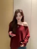 Retro Sle Red Off-oulder Sweater Women's Early Autumn Korean Sle Outerwear Soft Loose Lazy High-End Feeling Top