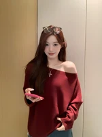 Retro Sle Red Off-oulder Sweater Women's Early Autumn Korean Sle Outerwear Soft Loose Lazy High-End Feeling Top