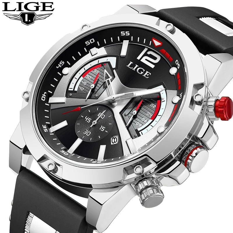 

LIGE New Fashion Silicone Strap Quartz Men's Watches Waterproof Auto Calendar Military Watch Men Luminous Sport Reloj Hombre+Box