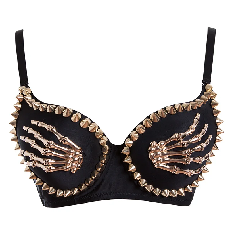 

Gold Rivets & Skeleton Hands Punk Rock Sexy Push Up Bra For Women Luxury Bralette Top Fashion Brassiere Nightclub Party Wear