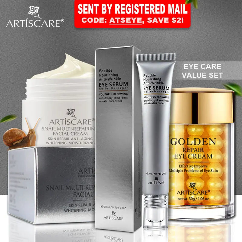 Face Cream Skin Care Set ARTISCARE Snail Facial Cream + Peptide Eye Serum + Golden Eye Cream 3pcs/Lot