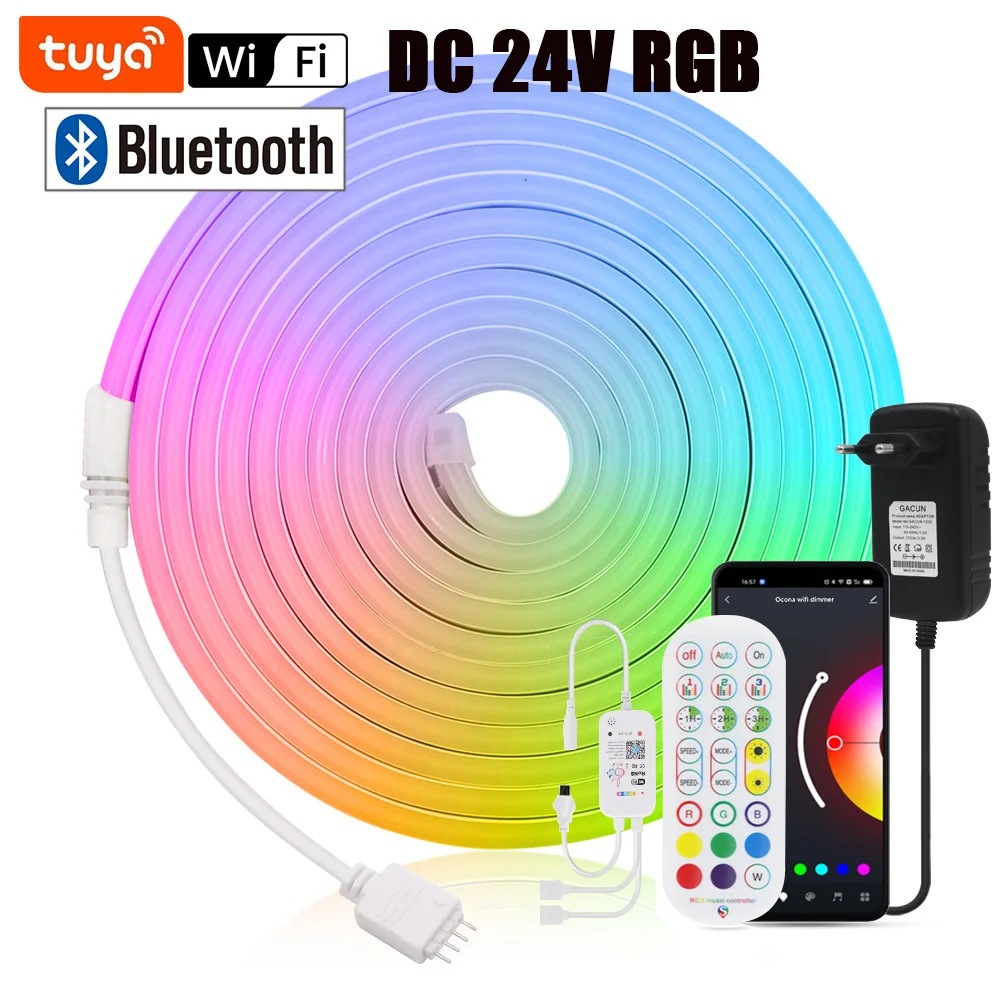 

RGB LED Neon Light Strip DC 24V Alexa Google Home Tuya Smart Life WiFi APP Control Bluetooth IP65 Waterproof Tape Rope LED Strip