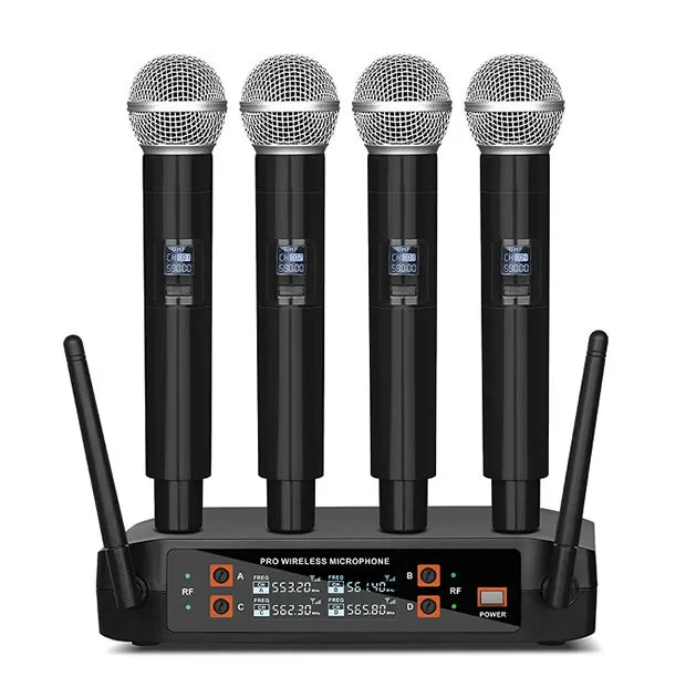 FLALWREO Wireless Microphone Handheld 4 Channel UHF Fixed Frequency Dynamic Microphone For Karaoke