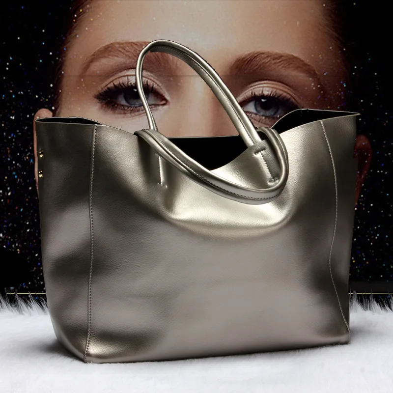 

Metallic Silver Casual Tote Bag for Women Large Capacity Soft Cow Leather Handbag 100% Genuine Female Shoulder Bag Luxury Design