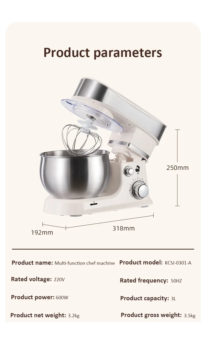 3-IN-1 Electric Stand Mixer 6-Speed with Pulse Button, Dough Hook, Beater, Whisk for Home Cooks Food Beater Electric Food Mixer