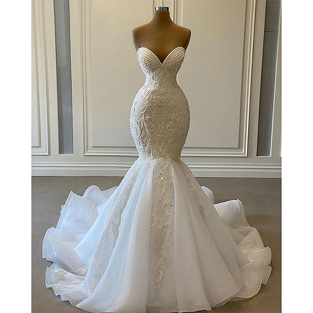 Sexy sweetheart mermaid wedding dress dubai arab luxury beaded embroidery bridal gowns white gorgeous beach