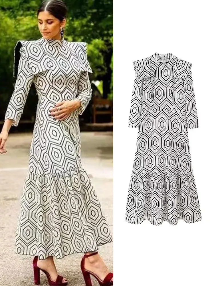 

TRAF Elegant Women Printed Mid-Calf Dress 2024 Spring Fashion Ladies Long Sleeve Party Dress Vintage Casual Beach Style Dress