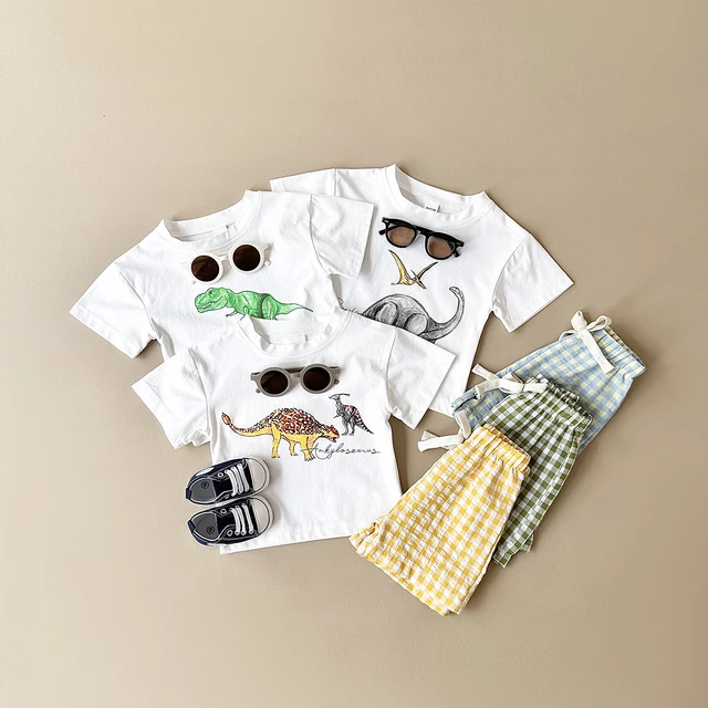 Nouveau bébé vêtements ensemble infantile dinosaure imprimé haut + grille Shorts bébé garçons filles décontracté bébé ensemble nouveau-né été bébé vêtements 2 pièces/ensembles 1
