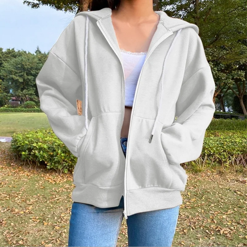 Autumn Fleece Hoodie Solid Color Hooded Korean Fashion Sweatshirts Long Sleeve Top Drawstring Pockets Loose Zipper Black Hoodies 4