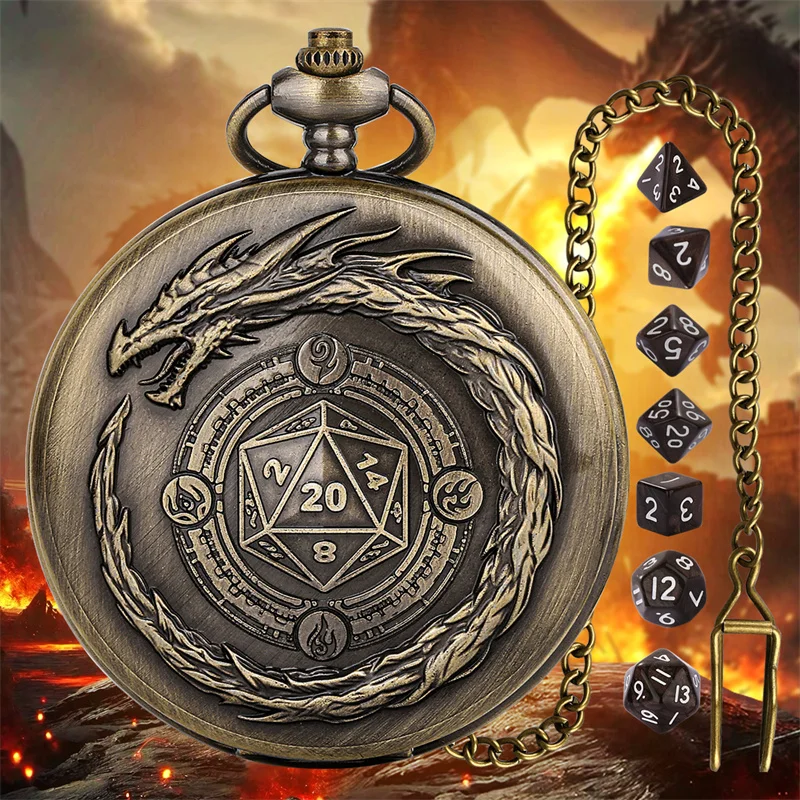 Antikes großes Drachenschwanz-Taschenuhrengehäuse mit 7 Acryl-Mini-Würfeln als Tisch-Rollenspiel-Zubehör – Detail 1