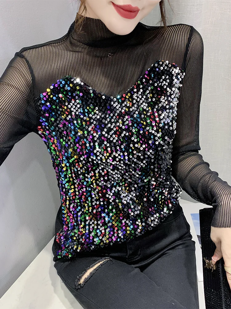 Sexy Long Sve T-irt Women's Me Patchwork Base irt Trendy Commute Korean Sle Creative Pattern Splice Bright Sequins