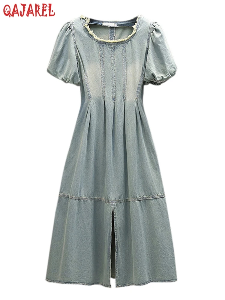 

2023 Summer New Vintage Distressed Cowboy Casual Dress Square Collar Split Skirt Bodycon Dress Women Elegant Pull Sleeve Dresses