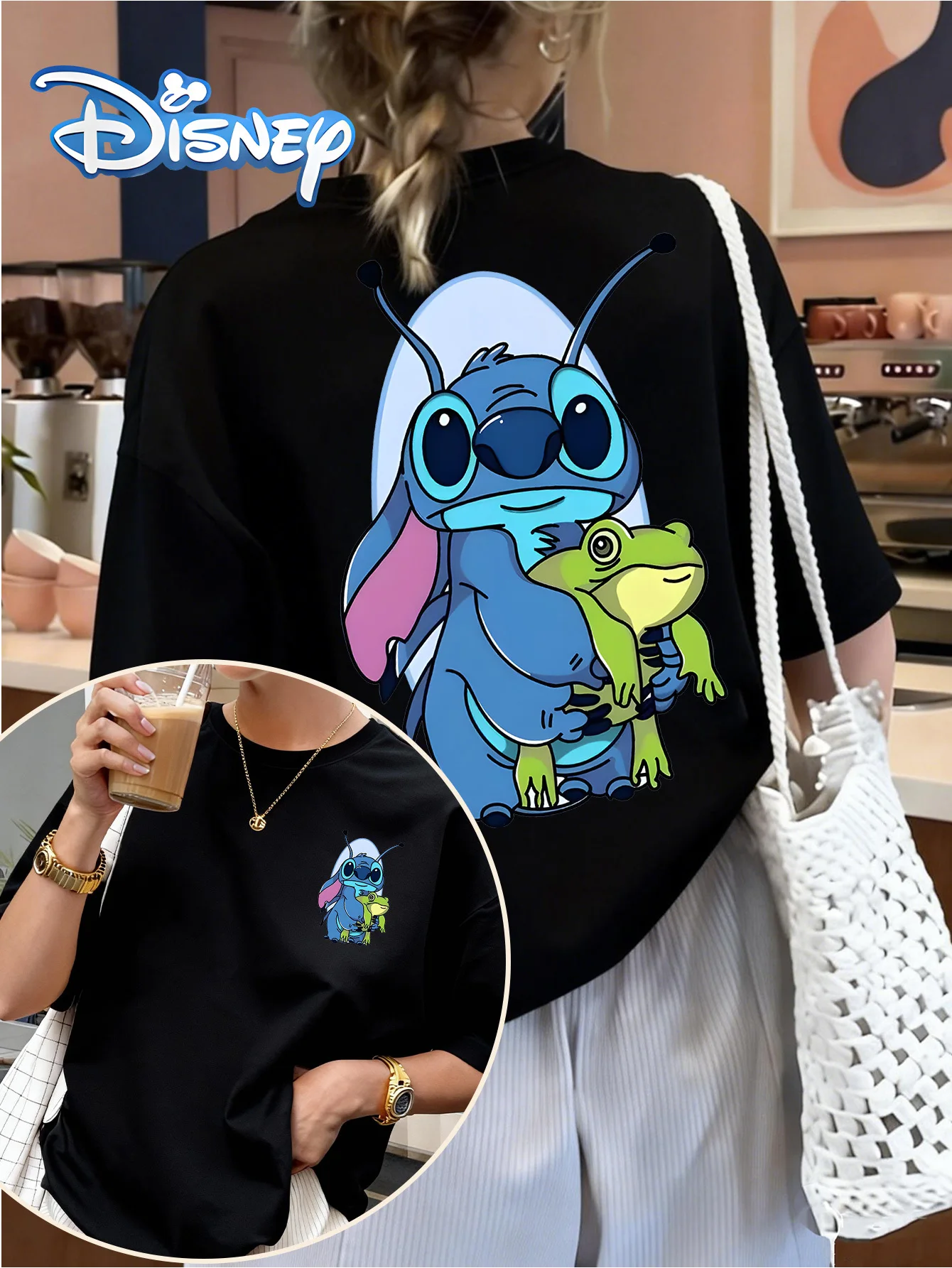 T-shirt Disney Stitch & Grenouille - Style Décontracté