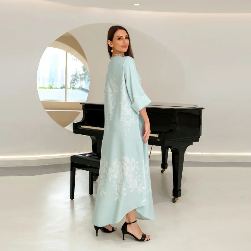 2023 Musulman Abayat Dress Fashion Rhinestones Bubble Beads Five-point Sleeve Abaya Femme Loose Dress for Europe and America