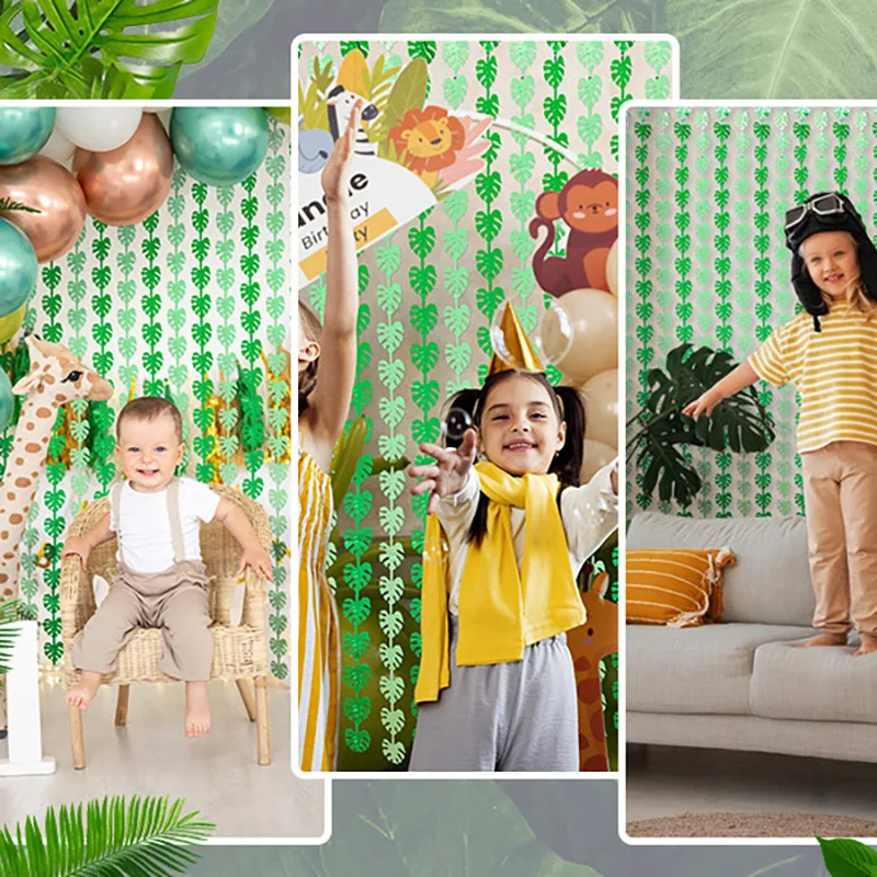 1X2M Green Tropical Palm Leaves Tinsel Foil Fringe Curtains Hawaiian Party Photo Backdrop Kids Jungle Birthday Party Decorations